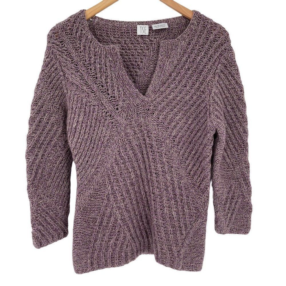 TSE Cashgora Wool Cashmere Split Neck Chunky Knit Sweater Purple Women Medium